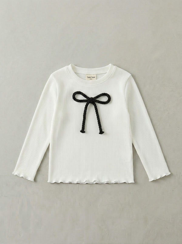 חולצה ארוכה לילדות דגם פפיון עם כפפה ריב כותנה פוטר