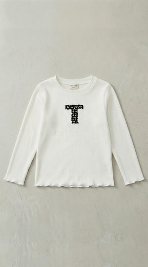 חולצה ארוכה לילדות דגם T עם כפפה ריב כותנה פוטר