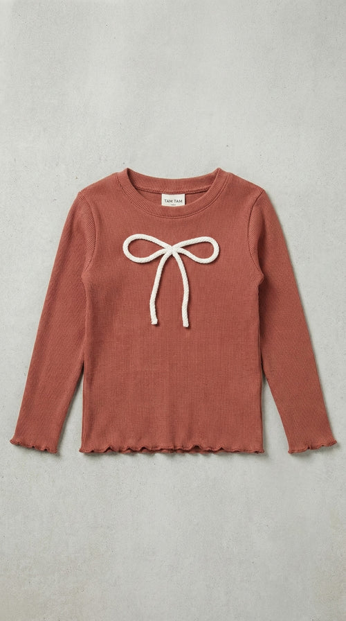 חולצה ארוכה לילדות דגם פפיון עם כפפה ריב כותנה פוטר