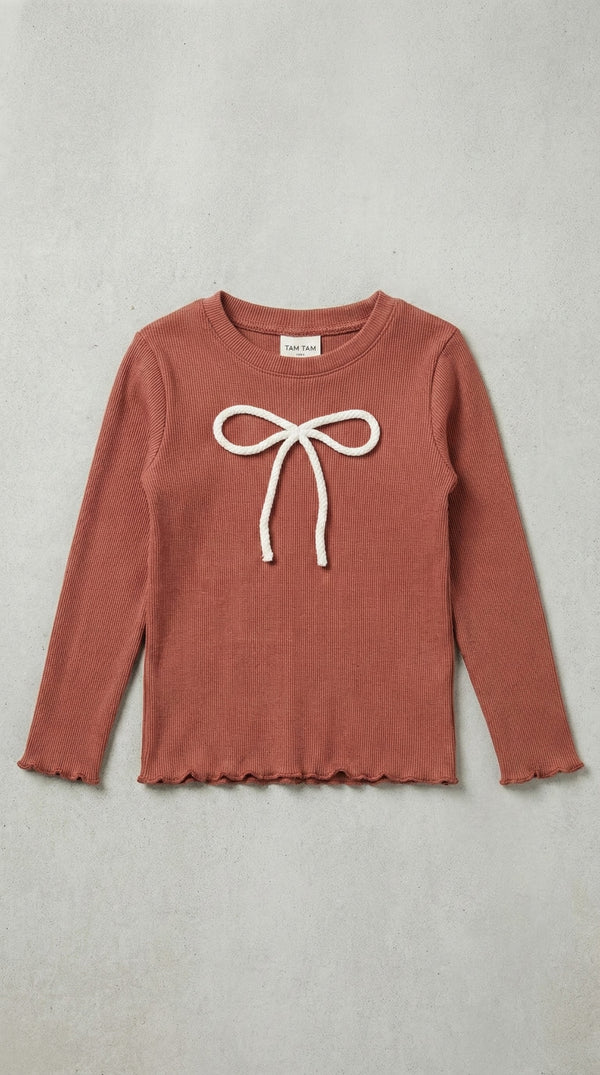 חולצה ארוכה לילדות דגם פפיון עם כפפה ריב כותנה פוטר