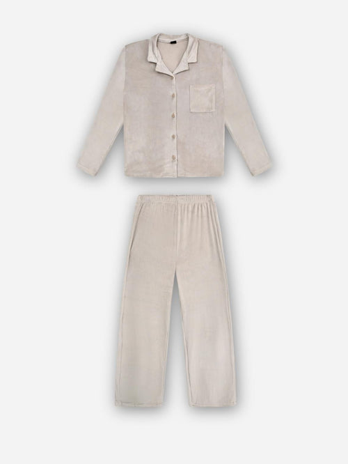 חליפת פיג'מה מבד קטיפה חולצה מכופתרת