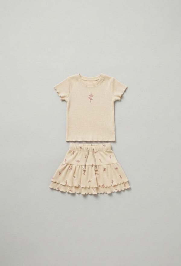 חליפה עם חצאית לילדות מבד ריב פרחונית