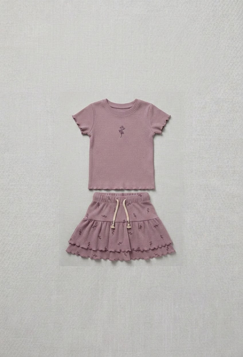 חליפה עם חצאית לילדות מבד ריב פרחונית