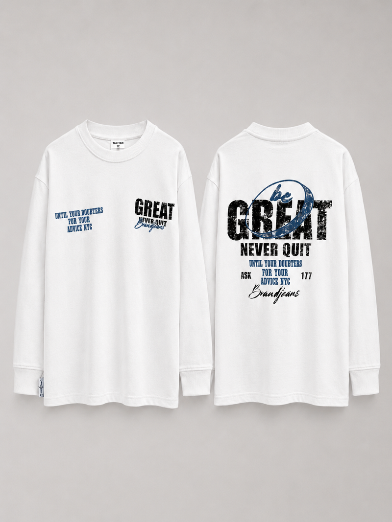 חולצת טריקו ארוכה לבנה לילדים דגם GREAT – מבט קדמי ואחורי