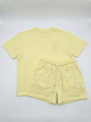 חליפה לילדות מבד כותנה דגם טקסטורת לבבות