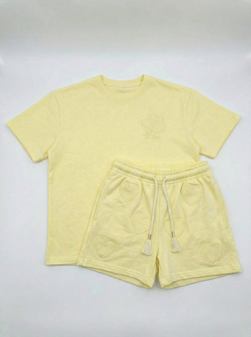 חליפה לילדות מבד כותנה דגם טקסטורה לבבות