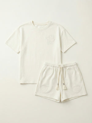 חליפה לילדות מבד כותנה דגם טקסטורת לבבות