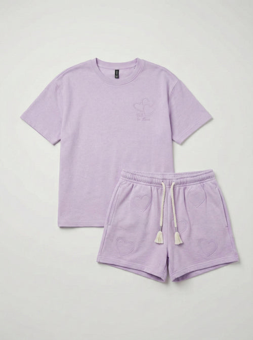 חליפה לילדות מבד כותנה דגם טקסטורת לבבות